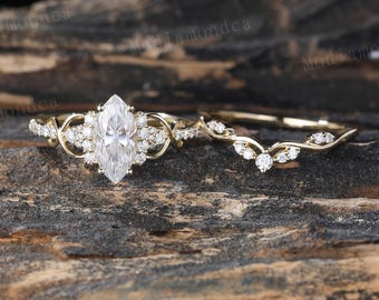 Unique Marquise Moissanite Engagement Ring Set Vintage 14K Yellow Gold Bridal Ring Set Diamond Cluster Wedding Stacking Band Promise Ring