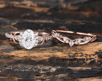 Oval Cut Lab Grown Diamond Engagement Ring Set Vintage Cluster Diamond Bridal ring set Rose gold Diamond Pave wedding ring Promise ring