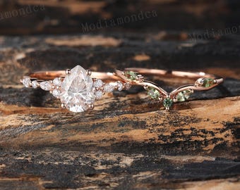 Vintage Pear Shaped Moissanite Engagement Ring Set Unique Rose Gold Diamond Bridal Ring Set Marquise Green Sapphire Wedding Promise Ring