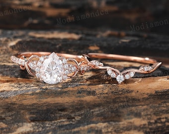 Pear Shaped Moissanite Engagement Ring Set 14K Rose Gold Round Diamond Ring Bridal Set Unique Art Deco Wedding Ring Promise Anniversary Gift