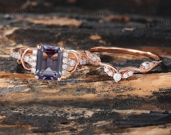 Emerald cut Alexandrite Engagement Ring Set Vintage Rose Gold Diamond Twist Ring Moissanite Pave Ring June Birthstone Anniversary Gifts