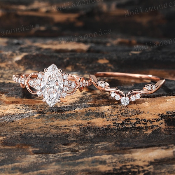 Anillo de compromiso con diamantes cultivados en laboratorio de talla marquesa, anillo de boda vintage con diamantes infinitos en oro rosa de 14 quilates, anillo de promesa curvado con diamantes.