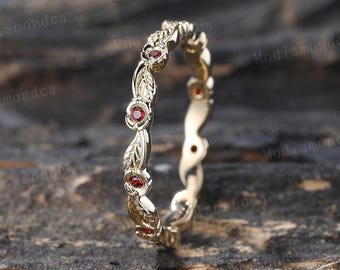 Full eternity Garnet wedding band Dainty yellow gold wedding band Leaf Stacking Matching band Nature inspire ring Promise Anniversary band