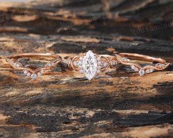 3PCS Marquise Cut Moissanite Engagement Ring Set Unique Rose Gold Bridal Ring Set Diamond Cluster Wedding Stacking Band Promise ring set
