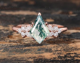 Vintage Kite Moss Agate Engagement Ring Unique Rose Gold Marquise Cut Moissanite Cluster Wedding Promise Ring Art Deco Anniversary Ring