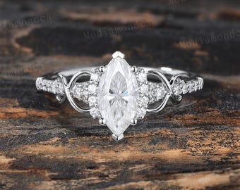 Infinity Marquise Cut Moissanite Engagement Ring Vintage Unique White Gold V Prong Twist Wedding Ring Diamond Pave Ring Bridal Promise Ring