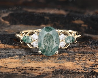 Vintage Oval Cut Moss agate Engagement Ring Art deco Yellow Gold Twisted Marquise Infinity Gift Handmade Custom Jewelry Bridal Promise Ring