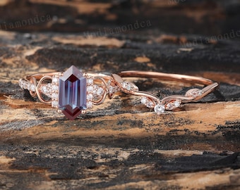 Hexagon cut Alexandrite Engagement Ring Set Vintage Rose Gold Diamond Twist Ring Moissanite Pave Ring June Birthstone Anniversary Gifts