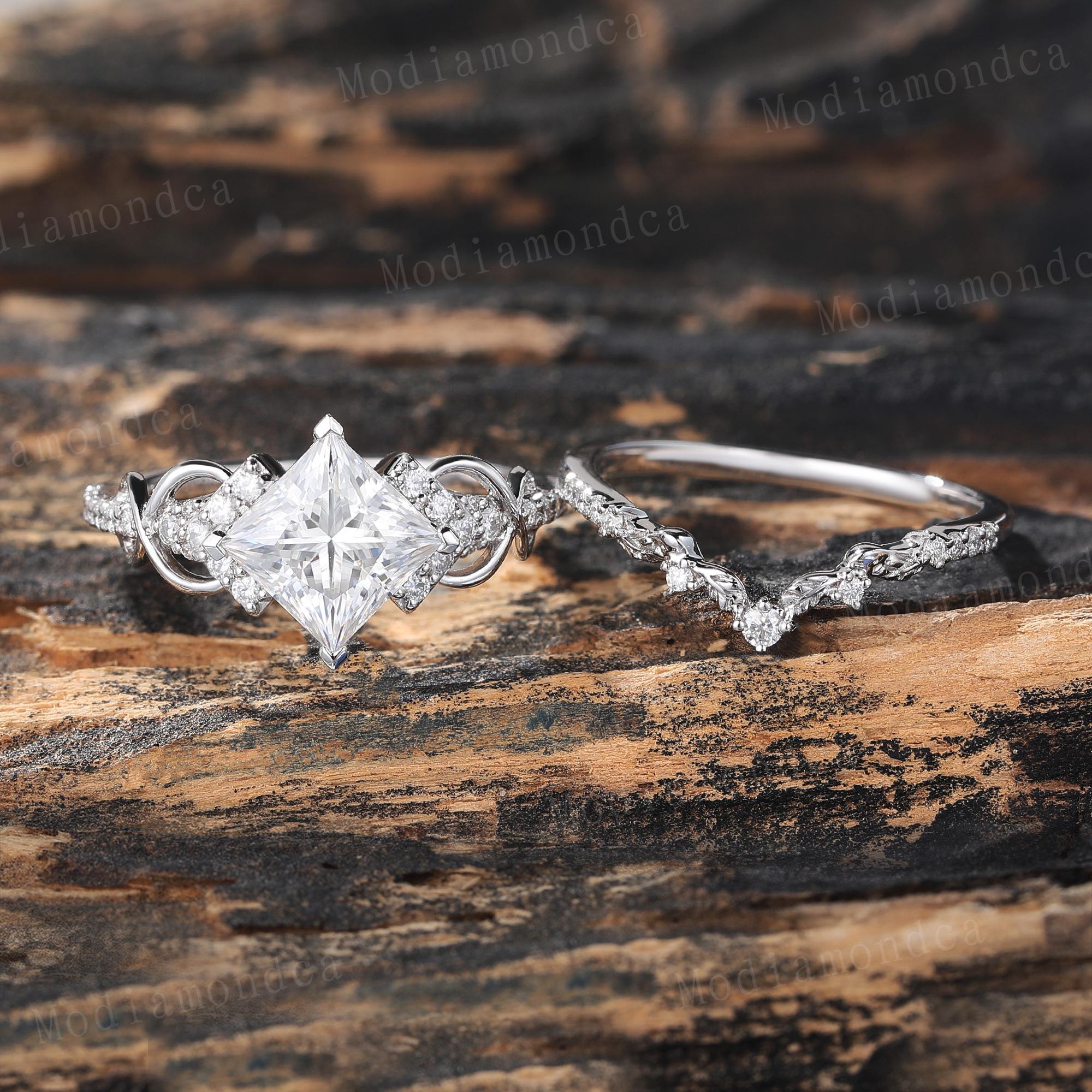 Princess Cut Ring Stackable Rings Princess Cut Moissanite Engagement Ring Set Unique White Gold Infinity ...