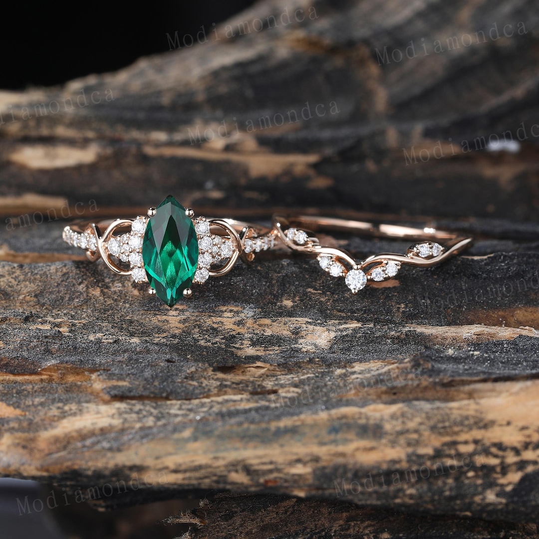 Marquise Emerald Engagement Ring Set Unique Rose Gold Diamond Bridal ...