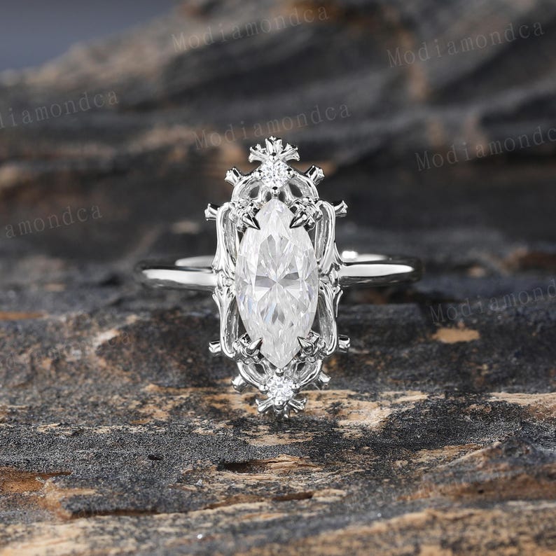 Art Deco Marquise Cut Moissanite Engagement Ring Vintage Yellow Gold ...