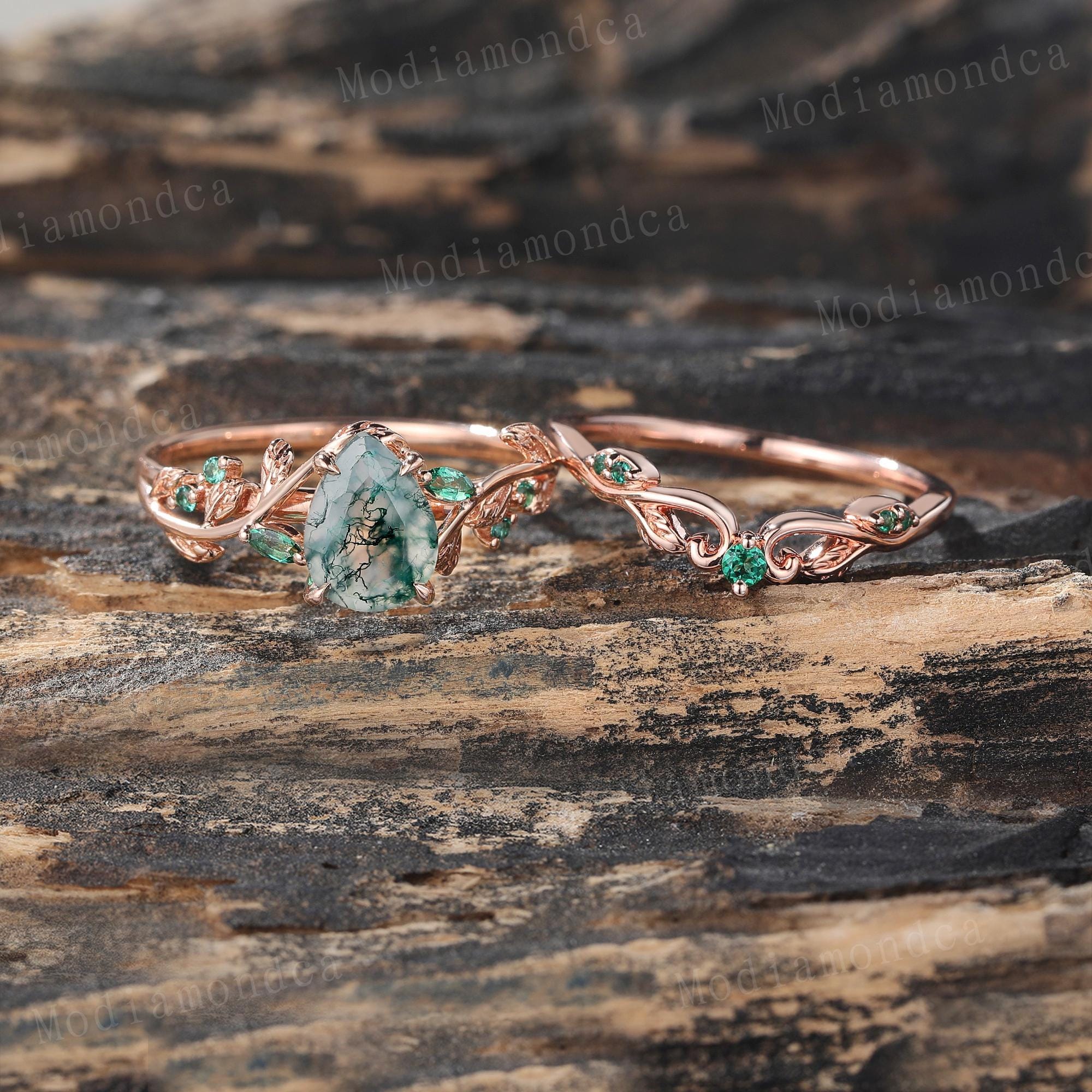 Pear Moss Agate Engagement Ring Set Vintage Rose Gold Green Gemstone Ring Set Marquise Emerald Bridal Ring Set Nature Inspired Promise Ring