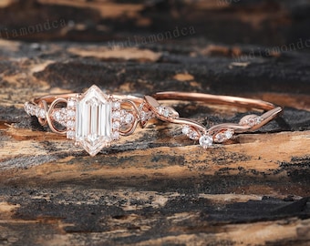 Hexagon cut Lab Grown Diamond Engagement Ring Set Vintage 14K Rose Gold Diamond Infinity Wedding Ring Set Diamond Curved Promise Ring