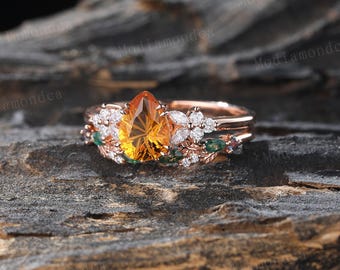 Firework Cut Citrine Engagement Ring Set Vintage Rose Gold
