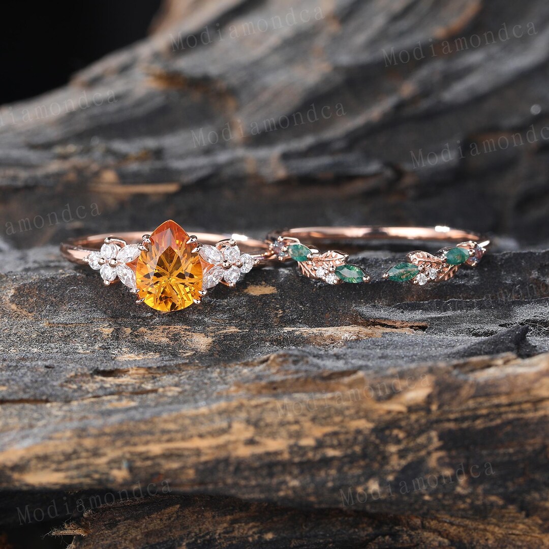 Firework Cut Citrine Engagement Ring Set Vintage Rose Gold Moissanite ...