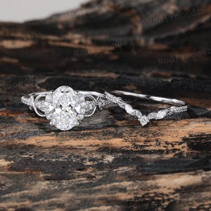 Ensemble de mariage vintage en or blanc avec diamant ovale de 2 carats cultivé en laboratoire, bague infini, certificat IGI, bague de fiançailles/promesse de mariage incurvée sur mesure