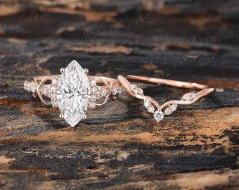 Marquise Cut Lab Grown Diamond Engagement Ring Set Vintage Cluster Diamond Bridal ring set Rose gold Diamond Pave wedding ring Promise ring