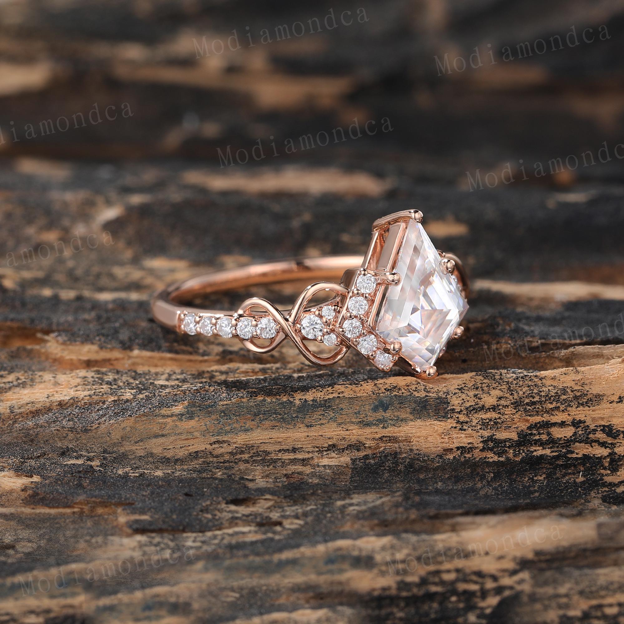 Infinity Kite Cut Moissanite Engagement Ring Vintage 14K Rose Gold Moissanite Wedding Ring Twist Round Diamond Pave Ring Promise Ring