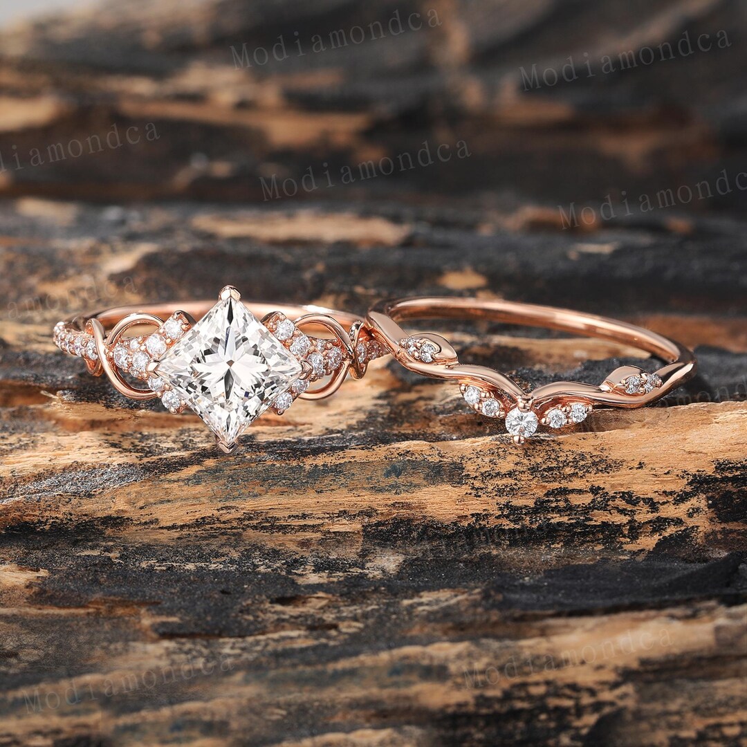 Vintage Princess Lab Grown Diamond Engagement Ring Set Antique Cluster ...