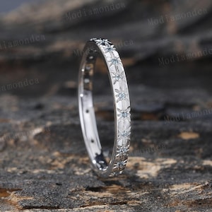 Dainty Round Alexandrite Wedding Band White Gold Full Eternity Starburst Stacking Matching Band Anniversary Promise June Birthstone Ring