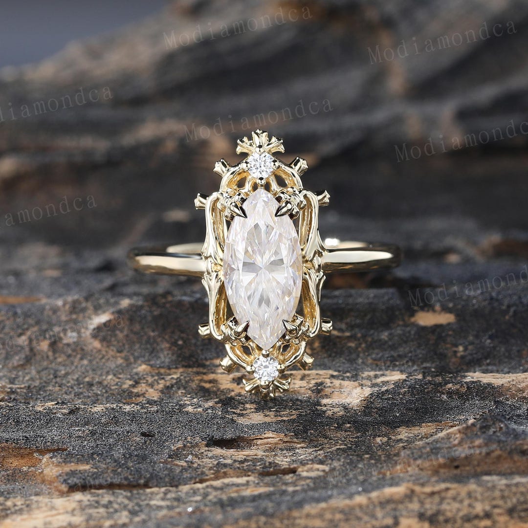 Art Deco Marquise Cut Moissanite Engagement Ring Vintage Yellow Gold ...