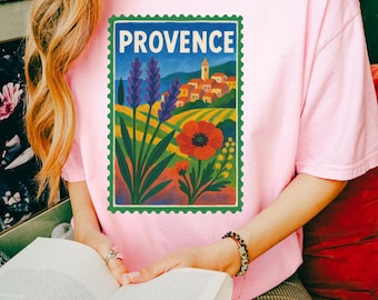 Provence France T-Shirt | Vintage Travel Stamp Style, Lavender Field