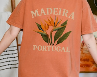 Madeira Portugal Tee | Bird of Paradise Floral Graphic, Oversized Cotton