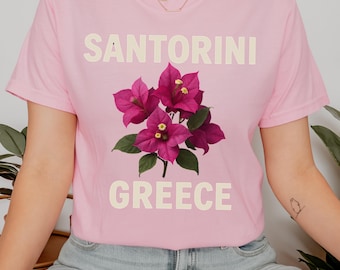 Santorini Greece T-Shirt | Floral Bougainvillea Print, Vintage Style