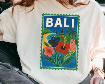 Bali Souvenir T-Shirt, Vintage Stamp Style, Tropical Island Tee