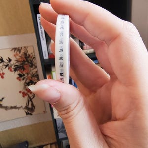 Può includere: Un termometro di plastica bianca con segni neri, che mostra una temperatura da 24 a 32 gradi. Il termometro è tenuto da una mano.