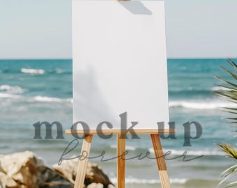 Summer Wedding Welcome Sign Mock up using PSD Smart Object, Outdoor Beach Party Reception Poster, Realistic Coastal Restaurant Display
