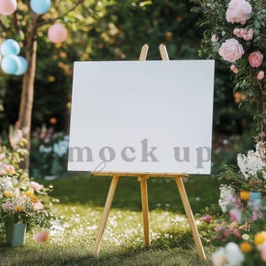 Hochzeit Willkommen Schild Mock up, PSD Smart Objekt, Frühling Pastell Themed Empfang Poster, Realistisches Restaurant Display, Baby Shower Party Dekor