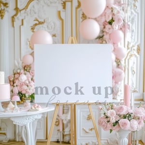 Hochzeit Willkommen Schild Mock up, PSD Smart Objekt, Frühling Pastell Themed Empfang Poster, Realistisches Restaurant Display, Baby Shower Party Dekor