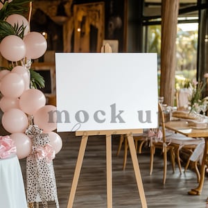 Geburtstag Willkommensschild Mockup, PSD Smart Objekt, Empfangsplakat zum Thema Kokette, Realistische Restaurantanzeige, Babypartydekoration