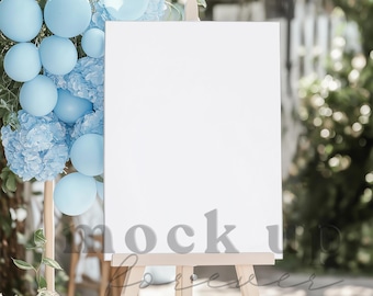 Baby Shower Welcome Sign Mock up, PSD Smart Object, Pastel Blue Themed Reception Poster, Realistic Restaurant Display, Photoshop Party Decor