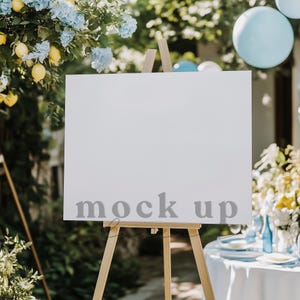 Hochzeit Willkommen Schild Mock up, PSD Smart Objekt, Frühling Pastell Themed Empfang Poster, Realistisches Restaurant Display, Baby Shower Party Dekor