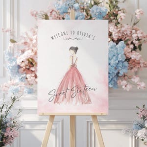May include: A watercolor illustration of a girl in a pink dress with the text "Welcome to Olivia's Sweet Sixteen" on a white background.