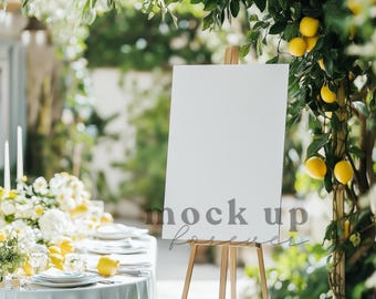 Summer Wedding Welcome Sign Mock up using PSD Smart Object, Outdoor Lemon Garden Reception Poster, Realistic Italian Restaurant Sign