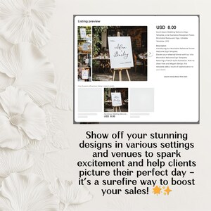 May include: A white wedding welcome sign template with the text "Alysa + Bailey" in black calligraphy. The sign is displayed on a wooden easel in a variety of settings, including a garden and a restaurant. The sign is available for purchase for $8.00.