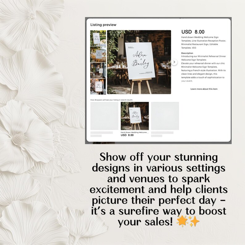May include: A white wedding welcome sign template with the text "Alysa + Bailey" in black calligraphy. The sign is displayed on a wooden easel in a variety of settings, including a garden and a restaurant. The sign is available for purchase for $8.00.