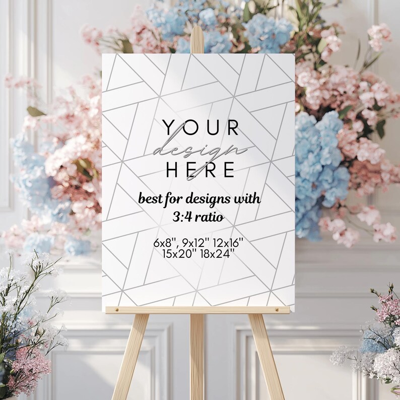 May include: A white sign with a geometric pattern in gray. The sign says "YOUR design HERE best for designs with 3:4 ratio 6x8", 9x12" 12x16" 15x20" 18x24". The sign is on a wooden easel.