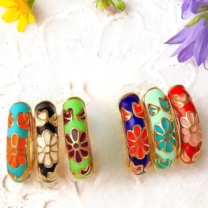 Bohemian Floral Hoop Earrings: 18k Gold Plated Steel Enamel