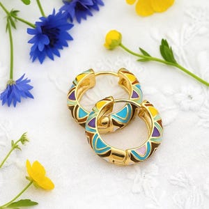 Boho Floral Hoop Earrings: Colorful Enamel, Gold-Plated Steel