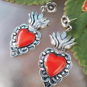 Sacred Heart Ex Voto Earrings: Red Resin, Silver Jewelry