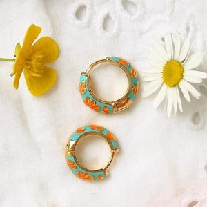 Bohemian Floral Hoop Earrings: 18k Gold Plated Steel Enamel