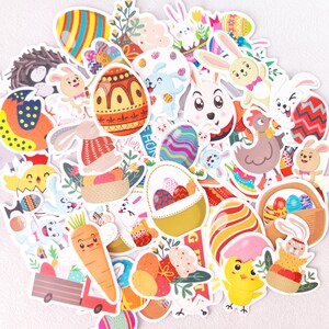 Ein Set von 50 niedlichen Cartoon-Ostern-Aufklebern - inspirierende Aufkleber, Kinder-Osterkorb-Füller, lustige Osterei- und Häschen-Aufkleber, Bastelaufkleber