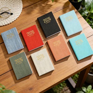 May include: A collection of small, rectangular 2026 planners in various colors, including black, red, and blue. Each planner has gold lettering and a textured cover, arranged on a wooden surface.