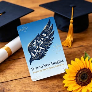 Könnte beinhalten: Abschlusskarte mit blauem Himmel und stilisiertem Flügeldesign mit Tauben. Die Karte trägt die Aufschrift "Soar to New Heights" und liegt auf einer Holzoberfläche mit Diplom, Mortarboards und einer Sonnenblume.