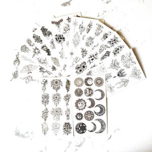 Fantasy Hand-drawn Tattoos: dreamcatchers, suns, moons, flowers, insects. Waterproof, long-lasting.Boho vibe for nature parties. Mix&match!