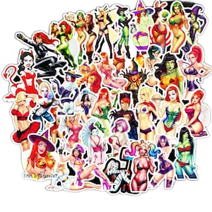 May include: A collection of colorful stickers featuring various female comic book characters in different poses and costumes. The stickers have a white border and are arranged in a cluster. Some stickers have text.